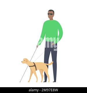 Man with blindness walking with seeing eye dog. Vector illustration. Stock Vector