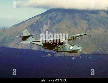 Consolidated PBY-5A Catalina over Aleutian waters. Stock Photo