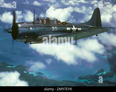 Douglas SBD-5 Dauntless -the stalwart US Navy carrier -going dive bomber served throughout the Pacific War, sinking most of Japan's aircraft carriers. Stock Photo