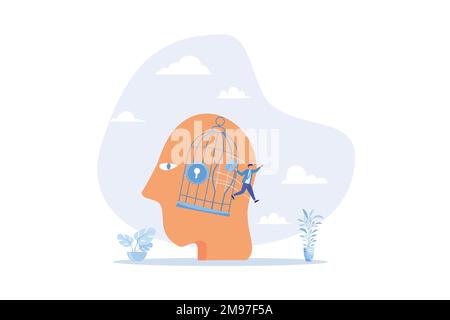 Freedom, break free from prison of thinking, inspiration or think out of the box, psychology or mental therapy, emotional concept, flat vector modern Stock Vector