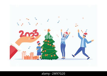 Santa Claus hand gives 2023 year numbers. Happy family near traditional xmas tree, christmas celebration. New year, winter holidays, horizontal banner Stock Vector