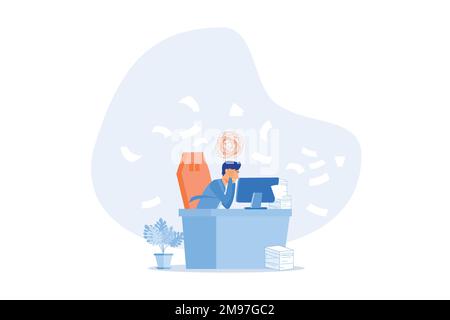 Overwhelmed, work stress, tired or fatigue from overworked, busy to finish project paperwork in deadline, anxiety or exhaustion, headache concept, fla Stock Vector