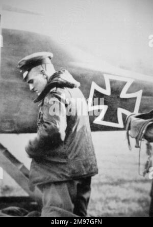 Baron Manfred von Richthofen (1892-1918), leading German air ace with 80 confirmed victories, seen here with his personal Albatros C IX biplane. Stock Photo