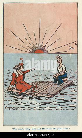 Cartoon in the Laugh It Off Annual -- You move, young man, and I'll scream the place down. A not very attractive middle-aged woman threatens a shocked sailor as they sit on a raft after a shipwreck, while the sun sets in the background. Stock Photo