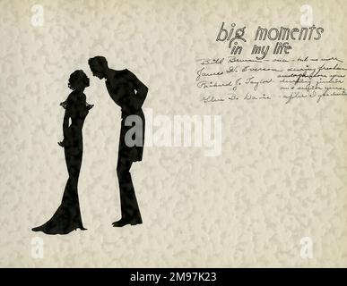 Page design for big moments in my life, in School Silhouettes, once owned by a female student of Fayetteville High School, New York, USA. Depicting a young woman and a young man in close conversation. Four men's names are written on the right, each one with a comment -- no doubt a list of boyfriends and ex-boyfriends. Stock Photo