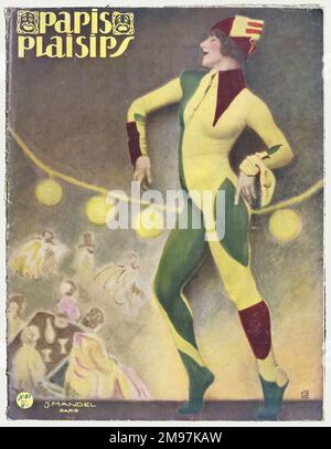 Cover design, Paris Plaisirs no. 81 for March 1929, depicting a female performer in a multi-coloured, tight-fitting costume. Stock Photo
