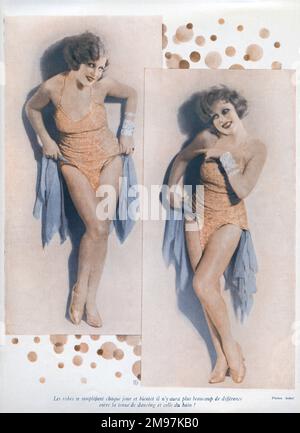 Woman in two poses wearing a skimpy costume in Paris Plaisirs magazine, photos by Sobol. Stock Photo