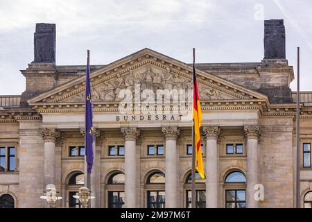 The historic Bundesrat building with ornaments and EU flag and Germany flag in Berlin Mitte, Germany Stock Photo