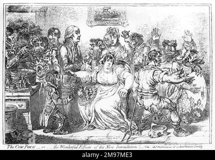 Cartoon, The Cow Pock, or, the Wonderful Effects of the New Inoculation!  by James Gillray.  Depicting a scene at the Smallpox and Inoculation Hospital, St Pancras, London, with a cowpox vaccine being administered to an apprehensive woman, and cow shapes emerging from different parts of people's bodies. There was controversy over this new treatment being used against the dreaded smallpox, with fears that bovine features might result. The doctor depicted could represent either Edward Jenner or another medical man, George Pearson. Stock Photo