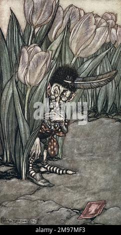 Illustration, Peter Pan in Kensington Gardens, by Arthur Rackham -- When he heard Peter's voice he popped in alarm behind a tulip. Stock Photo