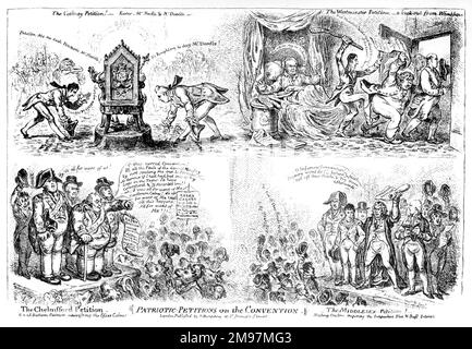 Cartoon, Patriotic Petitions on the Convention, by James Gillray.  Four scenes: The Cockney Petition, The Westminster Petition, The Chelmsford Petition, and The Middlesex Petition.  Illustrating the British reaction to the Convention of Sintra, signed on 30 August 1808 during the Peninsular War.  It was seen as a disgrace, being too lenient towards hostile countries such as France and Russia. Stock Photo