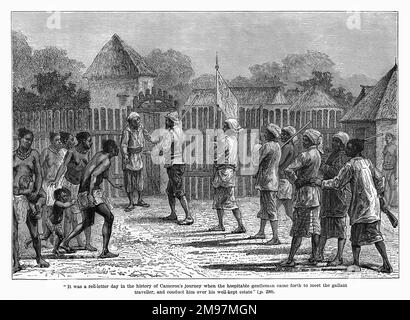 Verney Lovett Cameron (1844-1894), traveller in Central Africa, the first European to cross equatorial Africa from coast to coast. Seen here entering the home of an hospitable Portuguese settler, Senhor Goncalves. Stock Photo