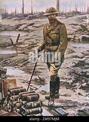 King George V on Wytschaete Ridge, Flanders, July 1917, during the First World War.  He is wearing a Field-Marshal's service uniform and steel helmet on a visit to a devastated battleground on the Western Front.  Landing in France on 3 July, he spent the following day with General Sir Herbert Plumer's army. Stock Photo