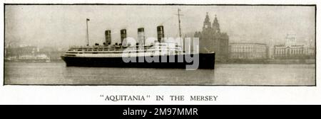 The RMS Aquitania, a Cunard Line ocean liner, in the Mersey - Liverpool, England. Stock Photo