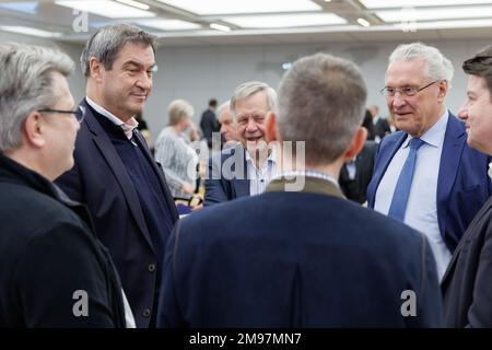 Bad Staffelstein, Germany. 17th Jan, 2023. Markus Söder (2nd from left), CSU party chairman and prime minister of Bavaria, talks with Winfried Bausback (l), deputy chairman of the CSU parliamentary group in the Bavarian state parliament, Karl Freller (center back), vice president of the Bavarian state parliament, and Joachim Herrmann (2nd from right), Bavarian minister of the interior, at the Banz monastery during the winter retreat of the CSU parliamentary group in the Bavarian state parliament. Credit: Daniel Karmann/dpa/Alamy Live News Stock Photo