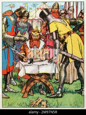 English Barons 'persuade' King John to sign the Magna Carta at Runnymede on 15th June 1215 - illustration from a booklet 'History and the Mustard Pot' for Colman's Mustard. Stock Photo