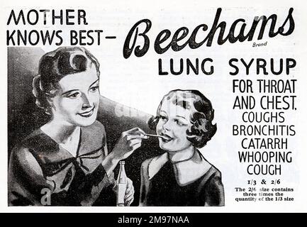 Mother Knows Best - Advertisement for Beechams Lung Syrup - 'for throat and chest, coughs, bronchitis, catarrh and whooping cough'. Stock Photo