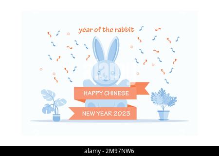 Chinese New Year 2023, the year of the rabbit, red and gold line art characters, simple hand-drawn Asian elements with craft, flat vector modern illus Stock Vector