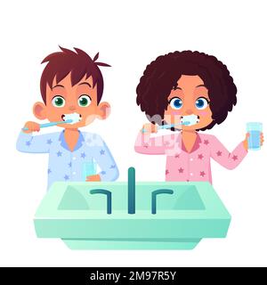 Kids In Pajamas Brushing Their Tooth Cartoon Illustration Stock Vector