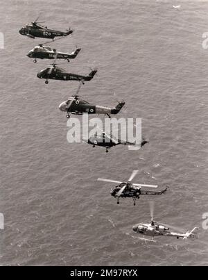 Royal Navy helicopters photographed off Portland. From top: Westland Sea King, Westland Wessex HAS1, Westland Wessex HU5, Westland Wessex HAS1, Westland Lynx, Westland Wasp HAS1 and Westlad Gazelle. c.July 1975. Stock Photo