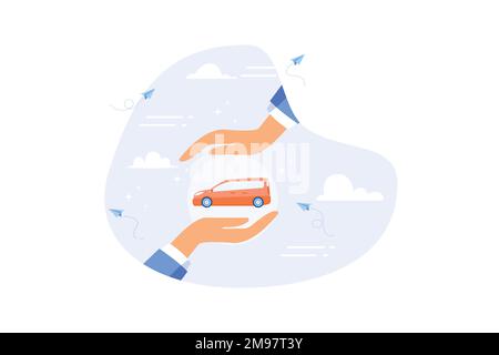 Car insurance or automobile protection, vehicle safety guard or assurance cover for transportation accident, security shield concept, flat vector mode Stock Vector