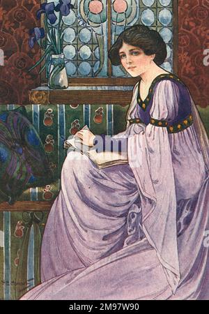 Woman in a mauve dress, Art Nouveau style. Stock Photo