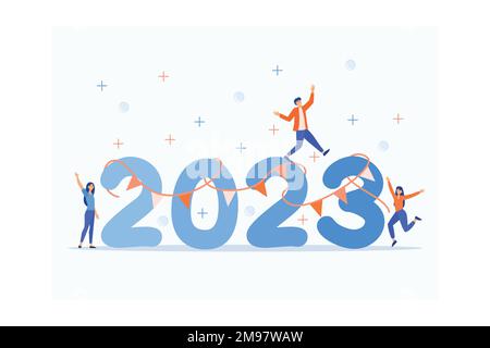 People partying to celebrate new year's eve from 2022 to 2023. happy new year 2023. people activities, decorating, dancing, having fun, flat vector mo Stock Vector