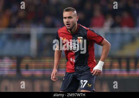 Genoa, Italy, 16th January 2023. George Puskas of Genoa CFC reacts during  the Serie B match at Luigi Ferraris, Genoa. Picture credit should read:  Jonathan Moscrop / Sportimage Stock Photo - Alamy