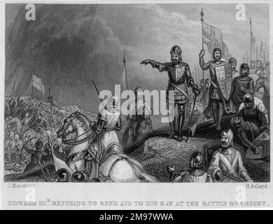 Edward III refusing to send aid to his son (Edward, the Black Prince) at the Battle of Crecy, 26 August 1346.  His response was 'Let the boy win his spurs'.  The result was a decisive English victory. Stock Photo