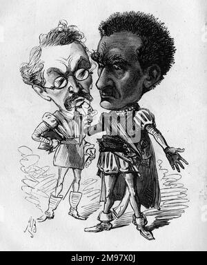 Cartoon, scene from Othello -- More Shakespeare!  Henry Forrester  (1827-1882) as Iago (left) and Edwin Booth (1833-1893) as Othello (right). The two actors alternated the roles on different nights in a production at the Princess's Theatre, London. Stock Photo