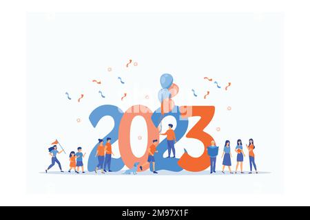 2023 New year with New normal lifestyle ideas concept. People wearing mask in flat big letters design, flat vector modern illustration Stock Vector