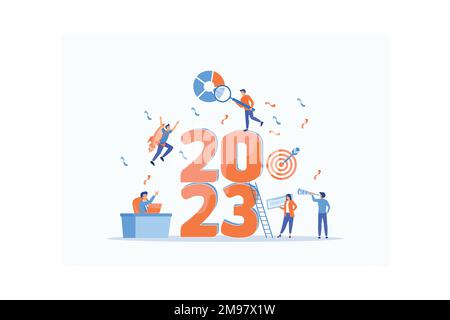 Happy new year 2023, Businessman hold magnifying glass, checking charts and diagrams, flying on rocket and seeking new opportunities for new year, fla Stock Vector