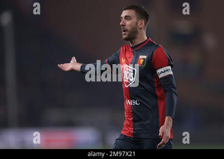 Genoa, Italy, 16th January 2023. George Puskas of Genoa CFC reacts during  the Serie B match at Luigi Ferraris, Genoa. Picture credit should read:  Jonathan Moscrop / Sportimage Stock Photo - Alamy