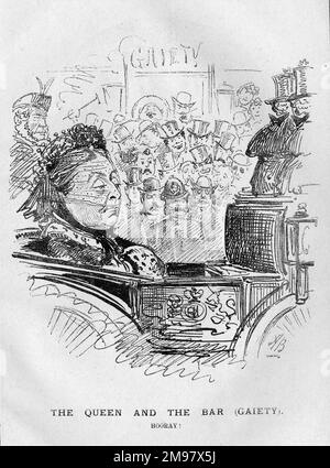 Cartoon, The Queen and the Bar (Gaiety).  Queen Victoria rides past the Gaiety Theatre, London, in an open carriage. Stock Photo
