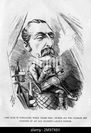 Cartoon of Prince Arthur, Duke of Connaught and Strathearn (1850-1942), third son of Queen Victoria. Seen here on military service in the British army during the Anglo-Egyptian War of 1882. With a newspaper quotation: The Duke of Connaught, while under fire, showed all the courage and coolness of an old soldier. Stock Photo