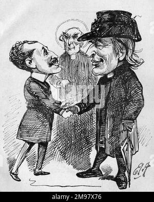 Cartoon, Edward White Benson (1829-1896), Archbishop of Canterbury, and Augustus Harris (1852-1896), British actor, dramatist and impresario, shaking hands. Benson congratulates Harris on his vivid and realistic depiction of the clergy in his play Youth, co-written with Paul John Meritt in 1881. Stock Photo