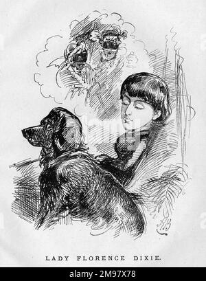 Cartoon, Lady Florence Caroline Dixie (nee Douglas, 1855-1905),  British traveller, war correspondent, writer and feminist. In March 1883 she claimed that an assassination attempt had been made on her by two men disguised as women, not far from Windsor, but that her life was saved when a St Bernard dog rescued her. However, doubt was quickly thrown on her account of the incident. Stock Photo