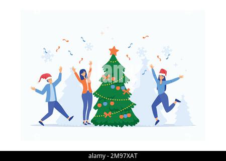 Joyful business men, women persons having party celebrating New Year Day. Happy colleagues dancing, giving gifts in office with Christmas tree, flat v Stock Vector