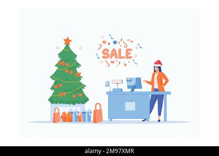 Merry Christmas And New Year In Shop. Store with customers crowd and cashier near cash desk. Gifts and presents, Sale Boxing Day banner, flat vector m Stock Vector