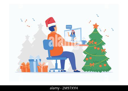 Man video calling to his girlfriend on a computer at home on Christmas day, flat vector modern illustration Stock Vector