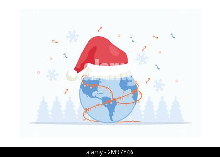 The earth with a Santa Claus hat laid and the Christmas light bulbs wires wrapped around it on transparent background, Merry Christmas and Happy New Y Stock Vector