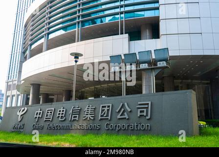 Beijing, CHINA- Business, Outside of the Chinaoil Corporate Headquarters Building, in FInancial Street District with logo. China Telecommunications Corporation Stock Photo