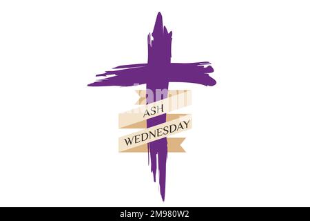 Poster with traditional ash cross drawing and purple ribbon with biblical words in a scroll that mark the beginning of Lent, flat vector modern illust Stock Vector