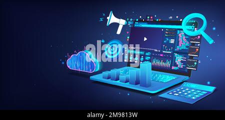 Blue banner with 3D laptop and graphic and charts Stock Vector