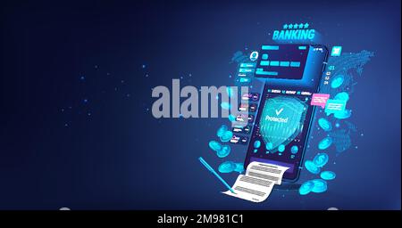 Application wallet or banking with 3D mobile phone, debit card, documentation and receipts Stock Vector