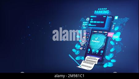 Application wallet or banking with 3D mobile phone, debit card, documentation and receipts Stock Vector