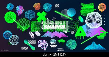 Toxic and futuristic colors on trendy universal shapes with glitch, fluid effect Stock Vector