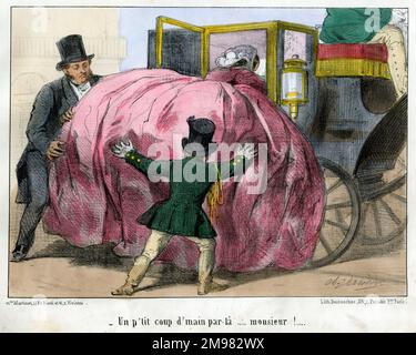 Modes Pour Rire by Charles Vernier -- Two men try to push a woman in a huge crinoline into a small closed carriage. Stock Photo