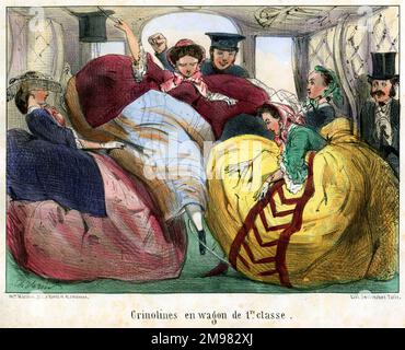 Modes Pour Rire by Charles Vernier -- Women in their wide crinolines trying to fit in to a First Class train compartment. Stock Photo