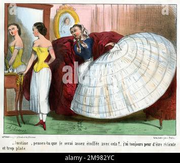 Modes Pour Rire by Charles Vernier -- A woman (left) asks her lady's maid (right) whether the crinoline she has brought will be full enough.  She doesn't want to be ridiculed for being too 'flat'. Stock Photo